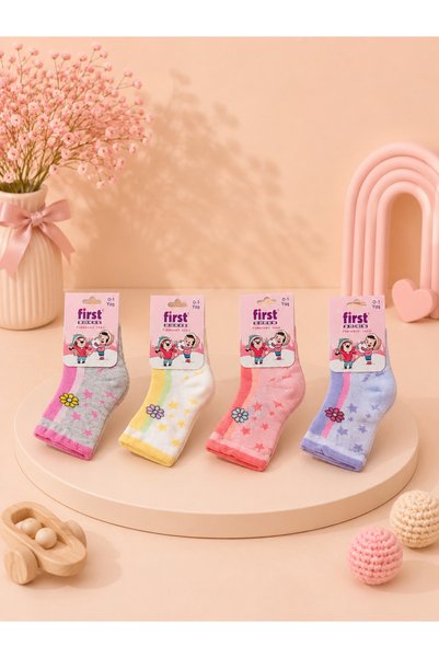 First Socks Havlu Bebek Çorabı 12'li (Çiçek ve Yıldız Desenli)
