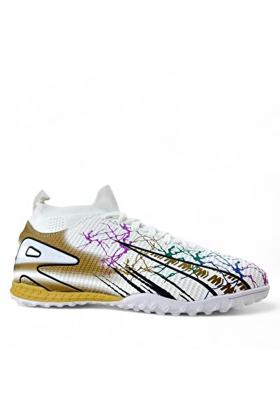 royalmoni Comfortable Lace-Up Unisex Astroturf Football Shoes White Gold Foot...