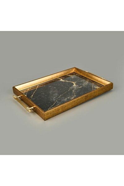 Sembol Marble Patterned Acrylic Tray - Black / Yellow - 42X30 cm