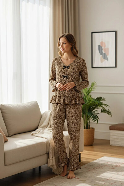 Beruflic Women's leopard print bow detail long sleeve loungewear pajama set p...