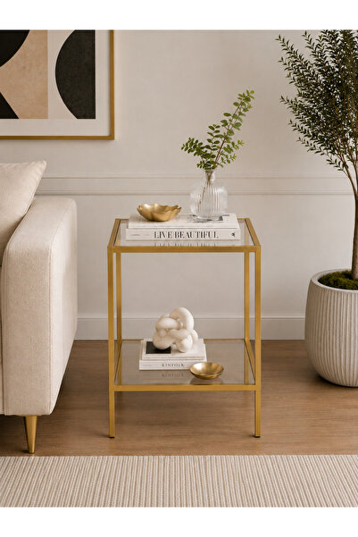 AVİBO HOME Verde Gold Yan Sehpa Metal Cam Raflı Modern Sehpa 30*40*60 cm