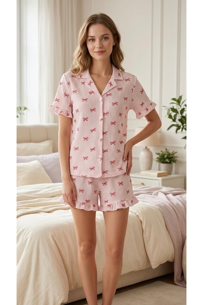 DİA SENSE Women's Pink Fuchsia Bow Patterned Ruffle Shorts Pajama Set Short S...