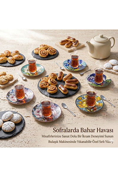 EMBazaar 6 Parça Renklerin Dansı Seramik Çay Tabağı Bardak Altlığı Seti 12.5 cm