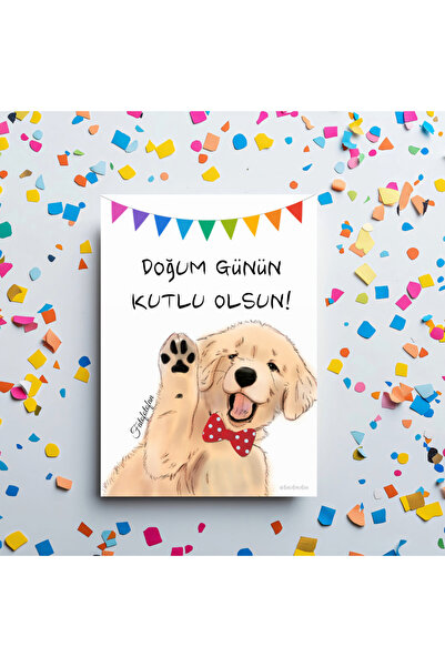 Fatofotofan Golden cinsi Köpek Çizimli Doğum Günü Tebrik Kartı