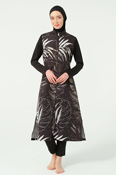 ALFASA Gold Patterned Long Kimono Detailed Hijab Swimsuit 25535-26 - Black