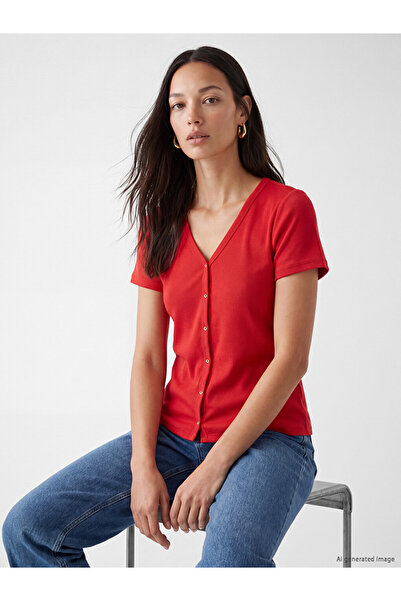 LC Waikiki Red V-Neck Buttoned Blouse