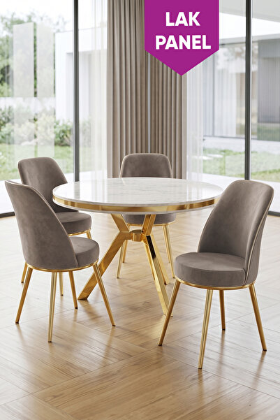 Canisa Natre Serisi 90x90 Lak Panel Beyaz Mermer Desen Gold Ayaklı Mutfak Mas...