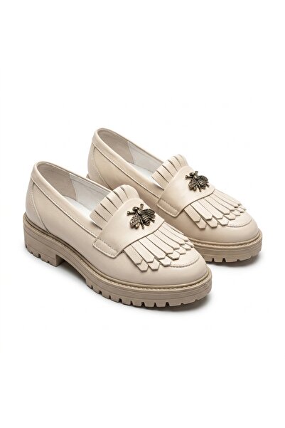 Rusay.ro Women's loafers in cream color made of Genuine Leather with bee acce...