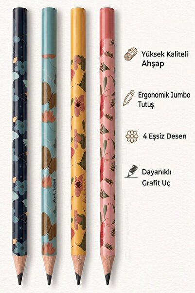 Artlantis Jumbo Kurşun Kalem 4 Adet Silka 1511 Kelebekli Jumbo Kalın Kalem HB...