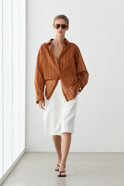 Massimo Dutti İpek pamuk karışımlı dökümlü çizgili gömlek