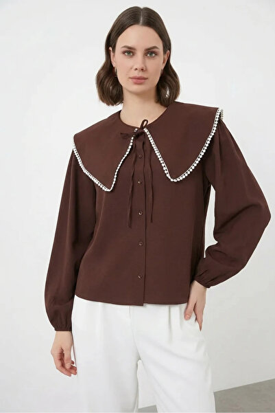 Efnaz style Women's Baby Collar Cotton Brown Shirt