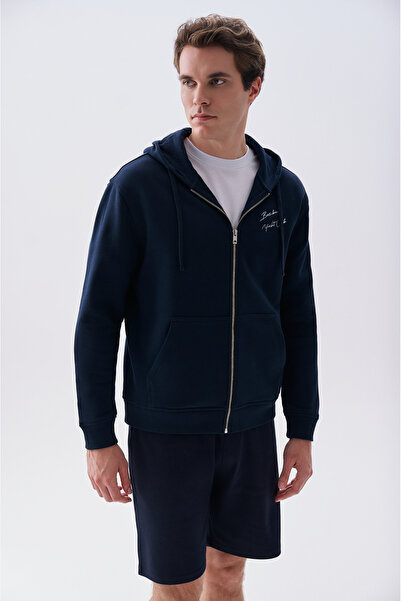 Mudo X Bozburun Yc Men's Navy Blue Printed Hooded Zipper Sweatshirt
