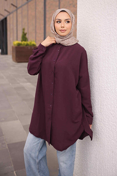 İmajButik Plum Buttoned Basic Casual Tunic