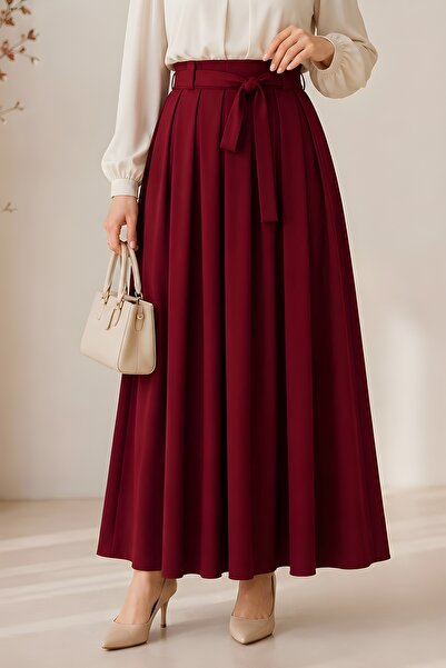 İmajButik Burgundy Pleated Skirt with Waist Belt
