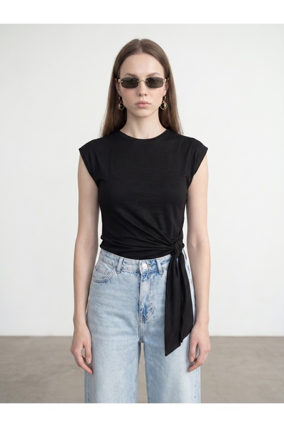 Dilvin 32724 100% Cotton T-Shirt with Tie Detail - Black
