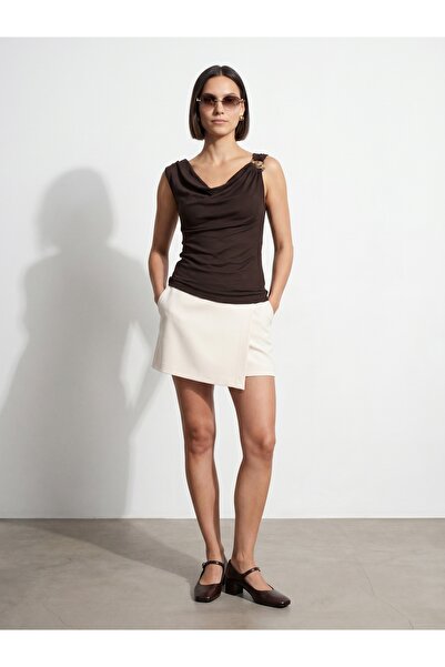 Dilvin 32917 Lyocell Blended Degaje Collar Top-Dark Brown
