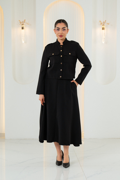 ELAY Fashion Women's Black Judge Collar Button Detailed Skirt 2-Piece Set