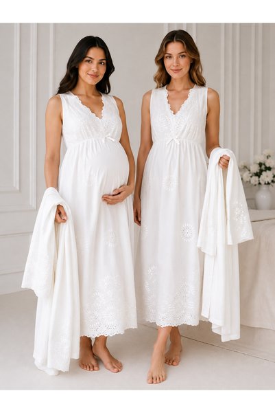 By Serpil Şener Cotton Scalloped Ecru Nightgown and Robe Set – Suitable for Pregnant Women and Normal Use