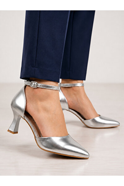 Catelyn Women's Silver Skin Ankle Strap 7 cm Heeled Shoes