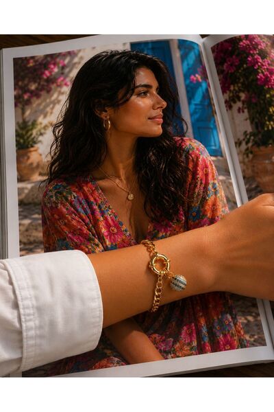 Nare Bijuteri Taşlı Charm Detaylı Gold Zincir Bileklik