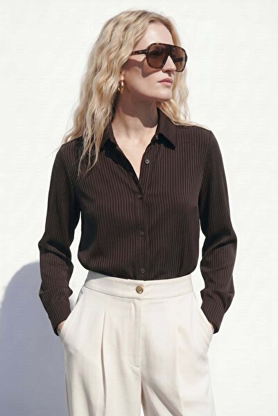 Sateen Stripe Pattern Shirt - Brown