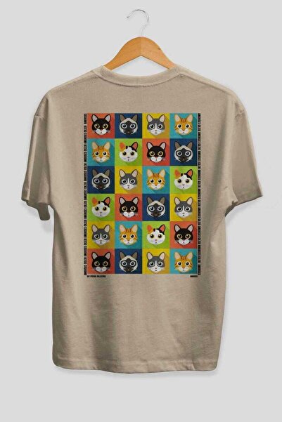Ankhises For the Love of Cats 122 Cat Printed Beige Oversize T-Shirt 100% Cot...