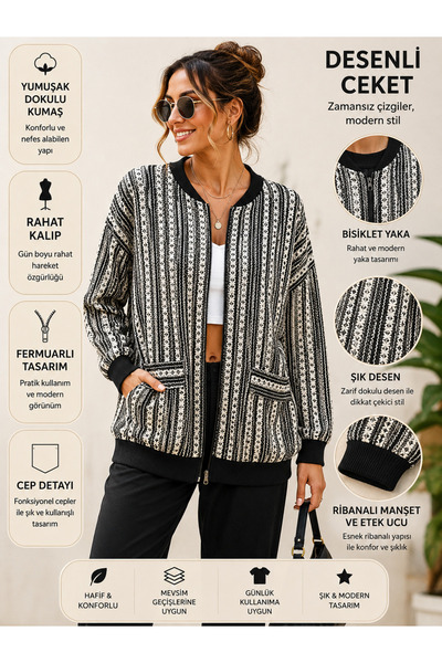 Stilol Zippered Patterned Knitwear Jacket Women's Oversize Comfortable Fit Bl...