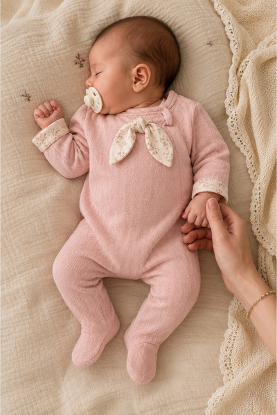 Elo Fiyonk Detaylı Pamuklu Pembe Kız Bebek Tulum