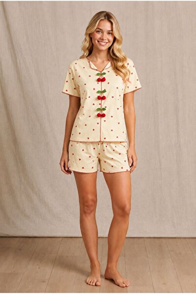 Hukateks Pon Pon Cherry Detail Short Sleeve Shorts Set
