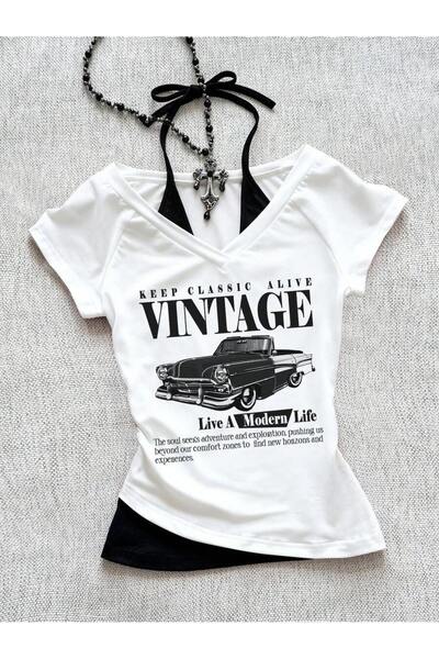 MOONBULL Kadın Vintage Baskılı Reglan Kol Siyah Boyun Bağlama Detaylı V Yaka ...