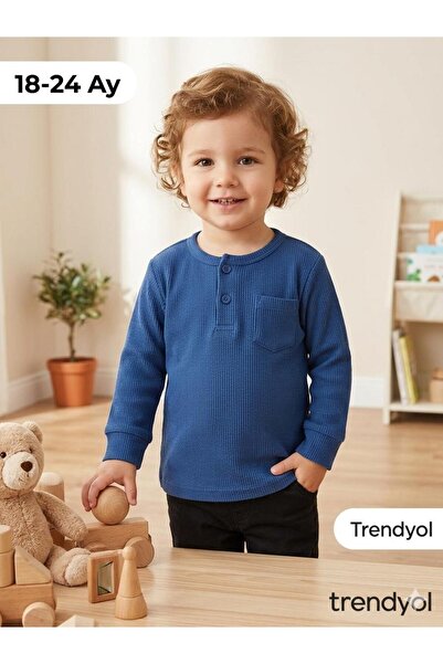 DİAMOND OUTLET Boy's Waffle Fabric Long Sleeve Buttoned Pocket T-Shirt Navy B...