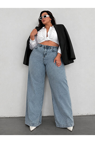 connemara Plus Size Lycra Women's Light Blue High Waist Wide Leg Jean Trousers