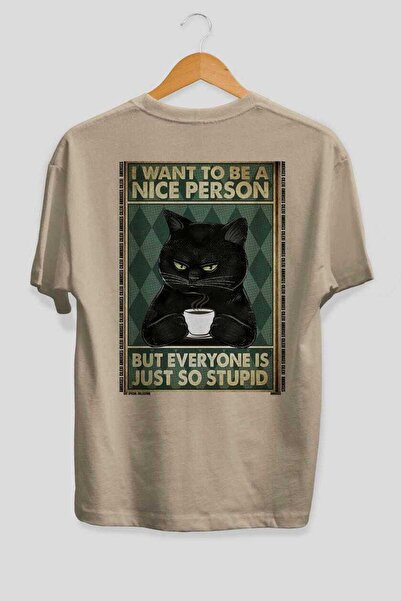 Ankhises For the Love of Cats 105 Cat Printed Beige Oversize T-Shirt 100% Cot...