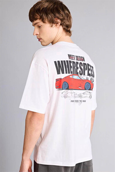 DeFacto Boxy Fit 100% Cotton Printed White Men's T-Shirt G4850Ax/Wt34