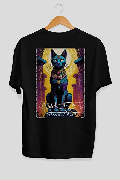 Ankhises For the Love of Cats 104 Cat Printed Black Oversize T-Shirt 100% Cot...