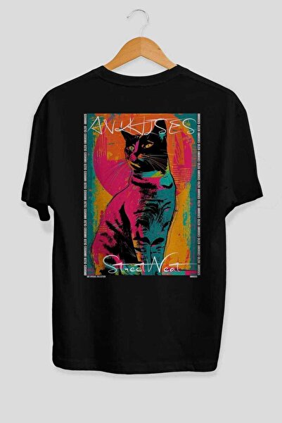 Ankhises For the Love of Cats 72 Cats Printed Black Oversize T-Shirt 100% Cot...