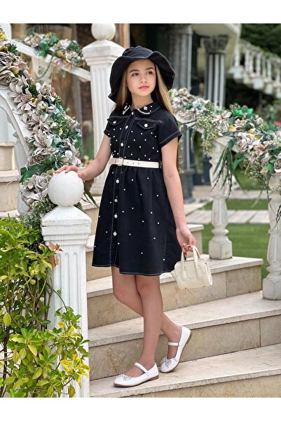 zavera for kids Момичешка дънкова миди рокля с перли и възел - Дънкова шапка ...