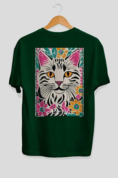 Ankhises 43 Cats for the Sake of Cats Printed Green Oversize T-Shirt 100% Cot...