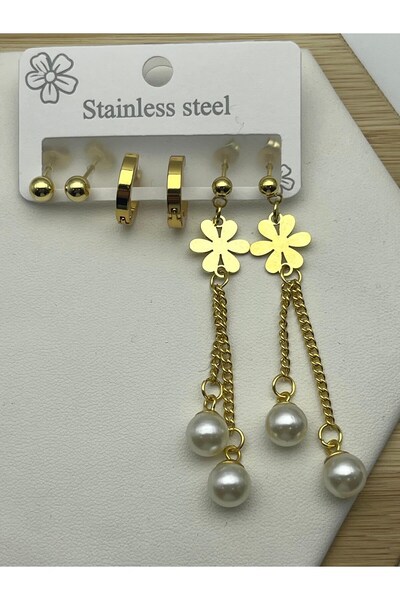 BİJU YILMAZ 26Clk54 Pearl Detailed Gold Steel Earring Set