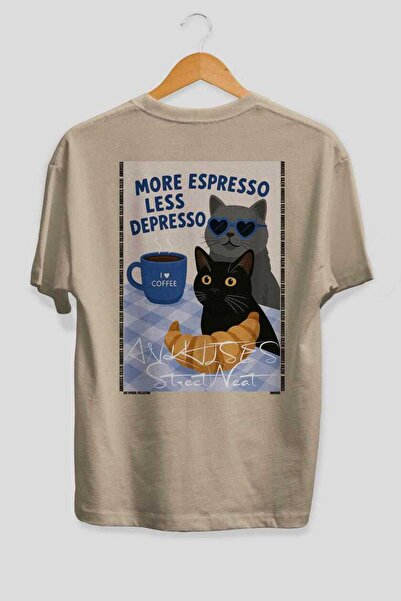 Ankhises For the Love of Cats 111 Cat Printed Beige Oversize T-Shirt 100% Cot...