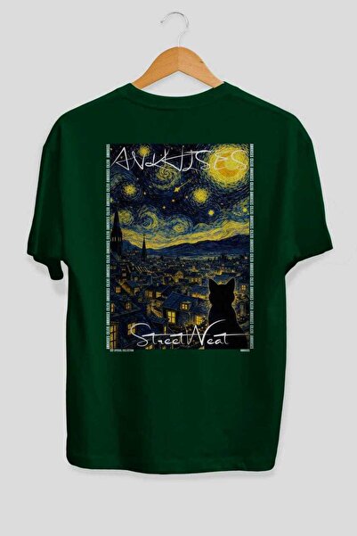Ankhises 45 Cats for the Sake of Cats Printed Green Oversize T-Shirt 100% Cot...
