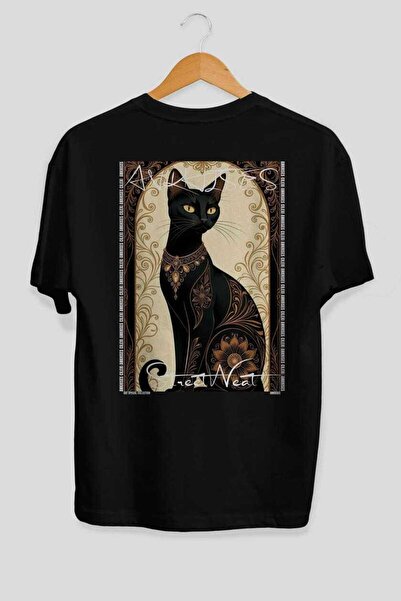 Ankhises For the Love of Cats 86 Cat Printed Black Oversize T-Shirt 100% Cott...