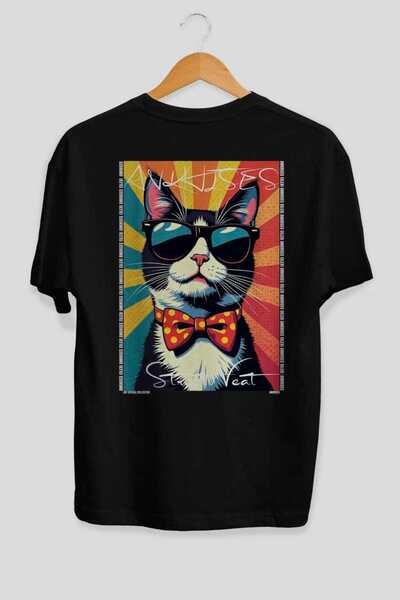 Ankhises 37 Cats for the Sake of Cat Love Printed Black Oversize T-Shirt 100%...
