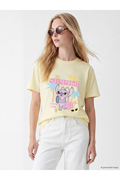 LC Waikiki تي شيرت نسائي من القطن بنسبة 100% مطبوع عليه Yellow Angel