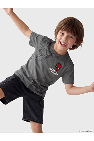 LC Waikiki Lcw Kids Gray Spider-Man Embroidered Boys' T-Shirt