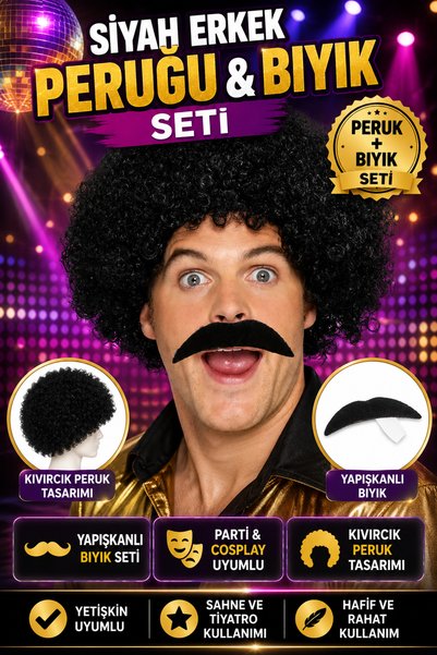 Tamsena Store 2'li Siyah Afro Erkek Peruk ve Bıyık Seti Yetişkin Parti Kostüm...