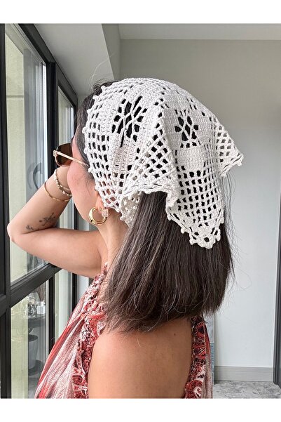Merishe Jewerly باندانا كروشيه كريمية منقوشة بالزهور محبوكة يدويًا