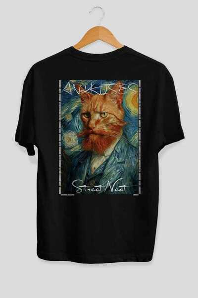 Ankhises For the Love of Cats 54 Cats Printed Black Oversize T-Shirt 100% Cot...