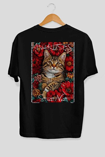 Ankhises تي شيرت أسود كبير الحجم مطبوع عليه عبارة "1 Cat For Cat Lovers" مصنو...