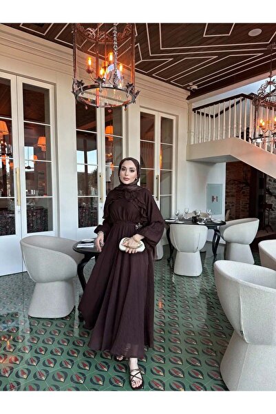 Moda Asrın Fırfır Detaylı Elbise Acı Kahve